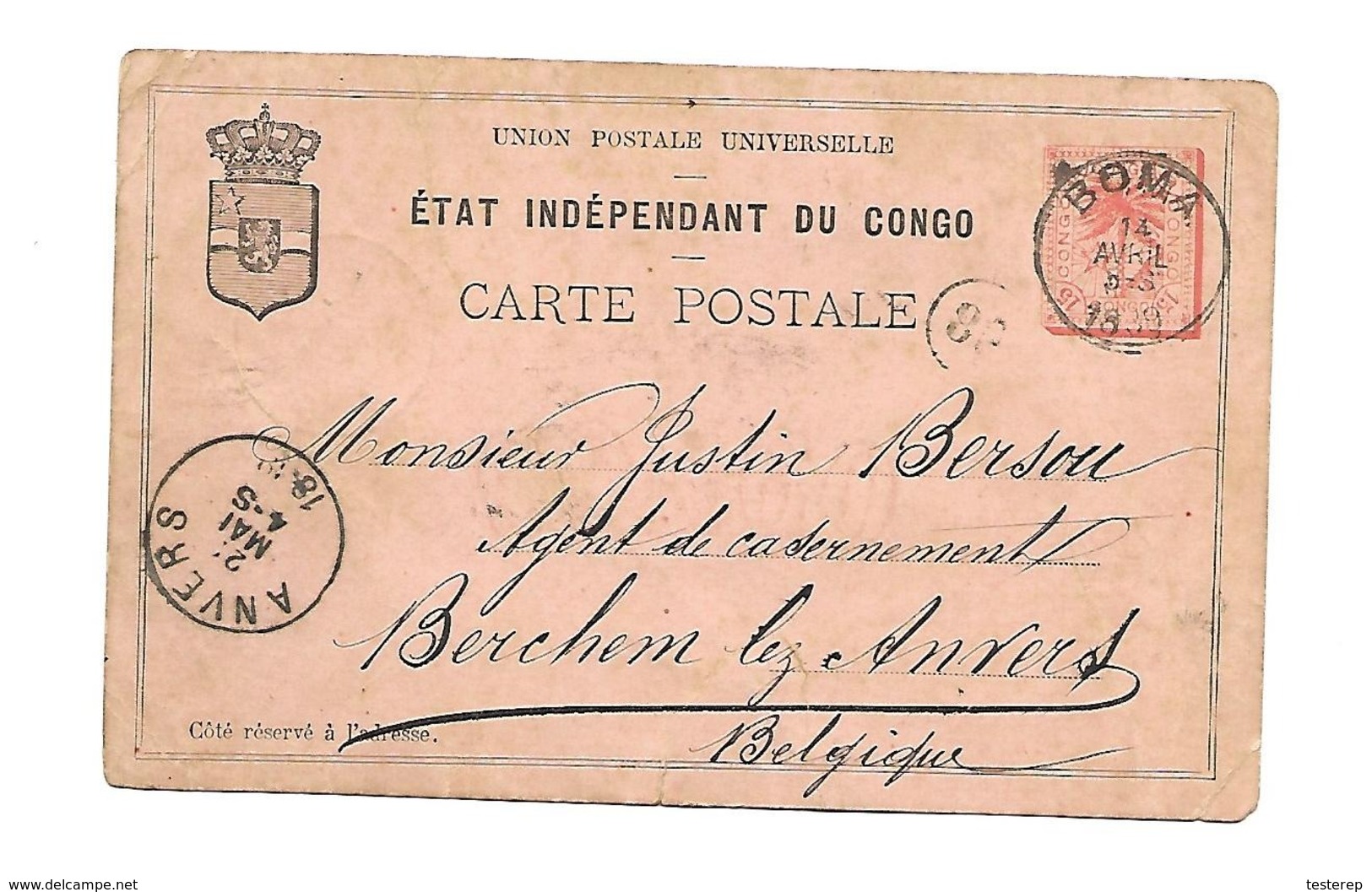 Type Palmier Fil CONGO  BOMA 14 AVR.1889 Vees Anvers  2 Scans Recto/verso  Marque : VANDENBORRE Via Lisbonne/Banana - Interi Postali
