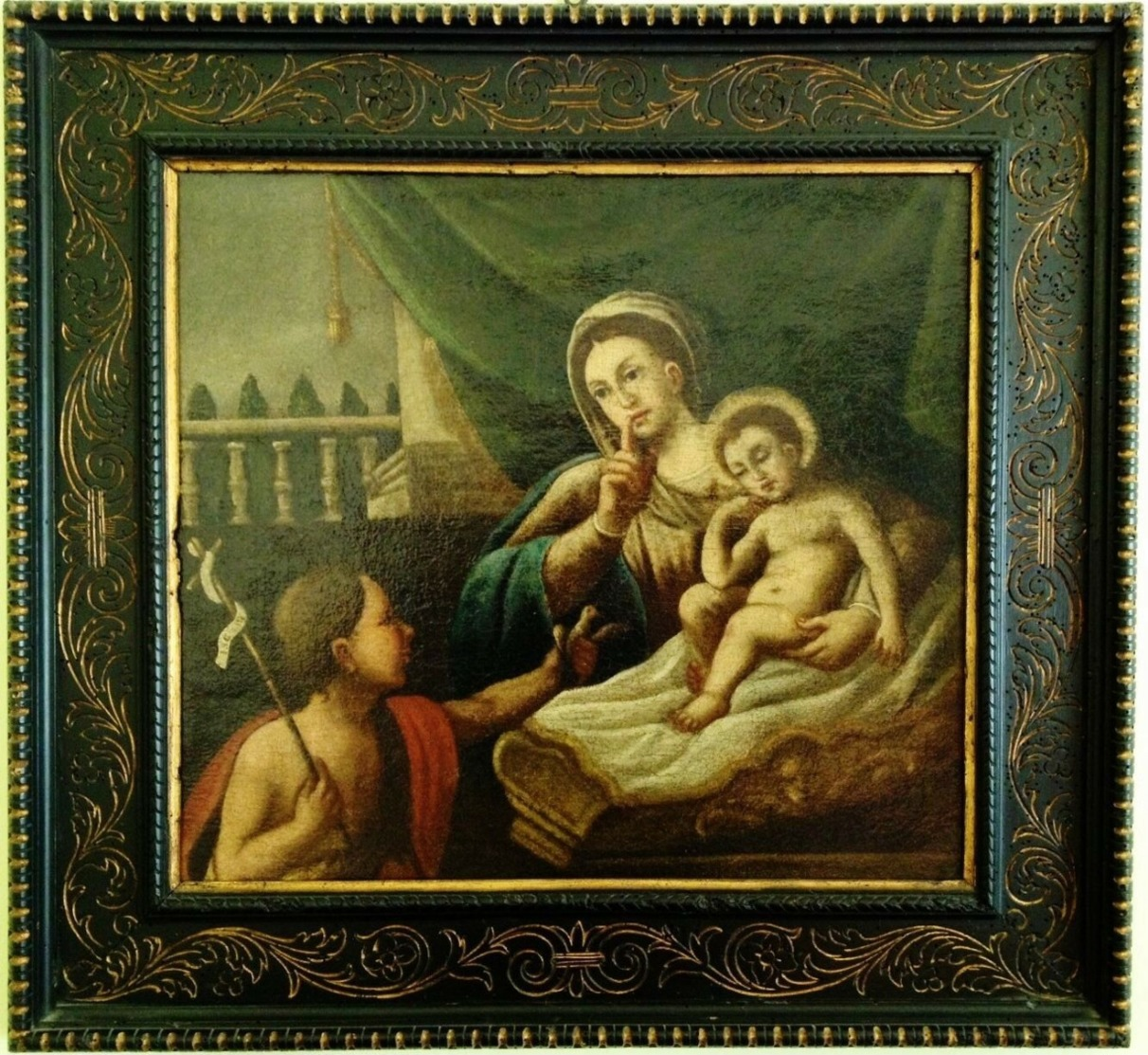 MADONNA CON BAMBINO E S.GIOVANNINO OLIO SU TELA SCUOLA VENETA FINE XVI ° SECOLO - Oils