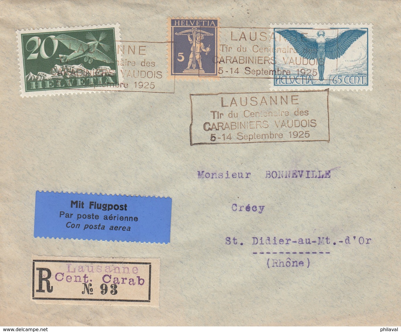 Nos 157, F4 Et F1  Sur Lettre Recommandée , Obl. Par La Flamme Du Tir Du Centenaire Des Carabiniers Vaudois, 5-14.9,1925 - Andere & Zonder Classificatie