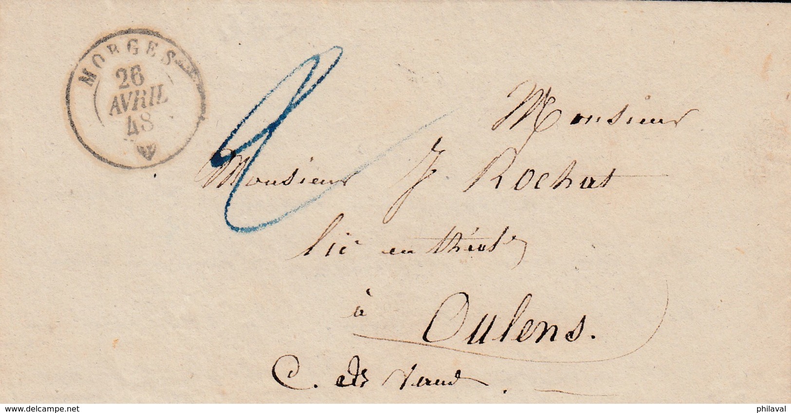 Petite Lettre 12 X 6,5 Cms. Oblitérée Morges Le 26 Avril 48, à Destination De Oulens ( Cachet D'Echallens ) - ...-1845 Prefilatelia