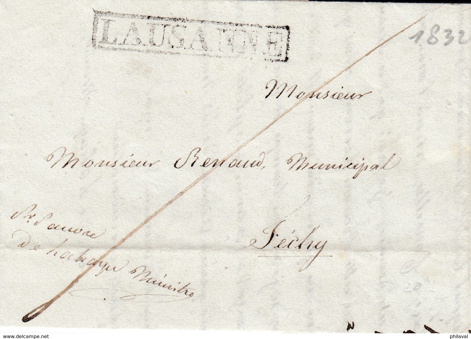 Petite Lettre 10,5 X 7,5 Cms. Oblitérée Par Le Cachet Linéaire De Lausanne, à Destination De Féchy ( 1832 ) - ...-1845 Prephilately