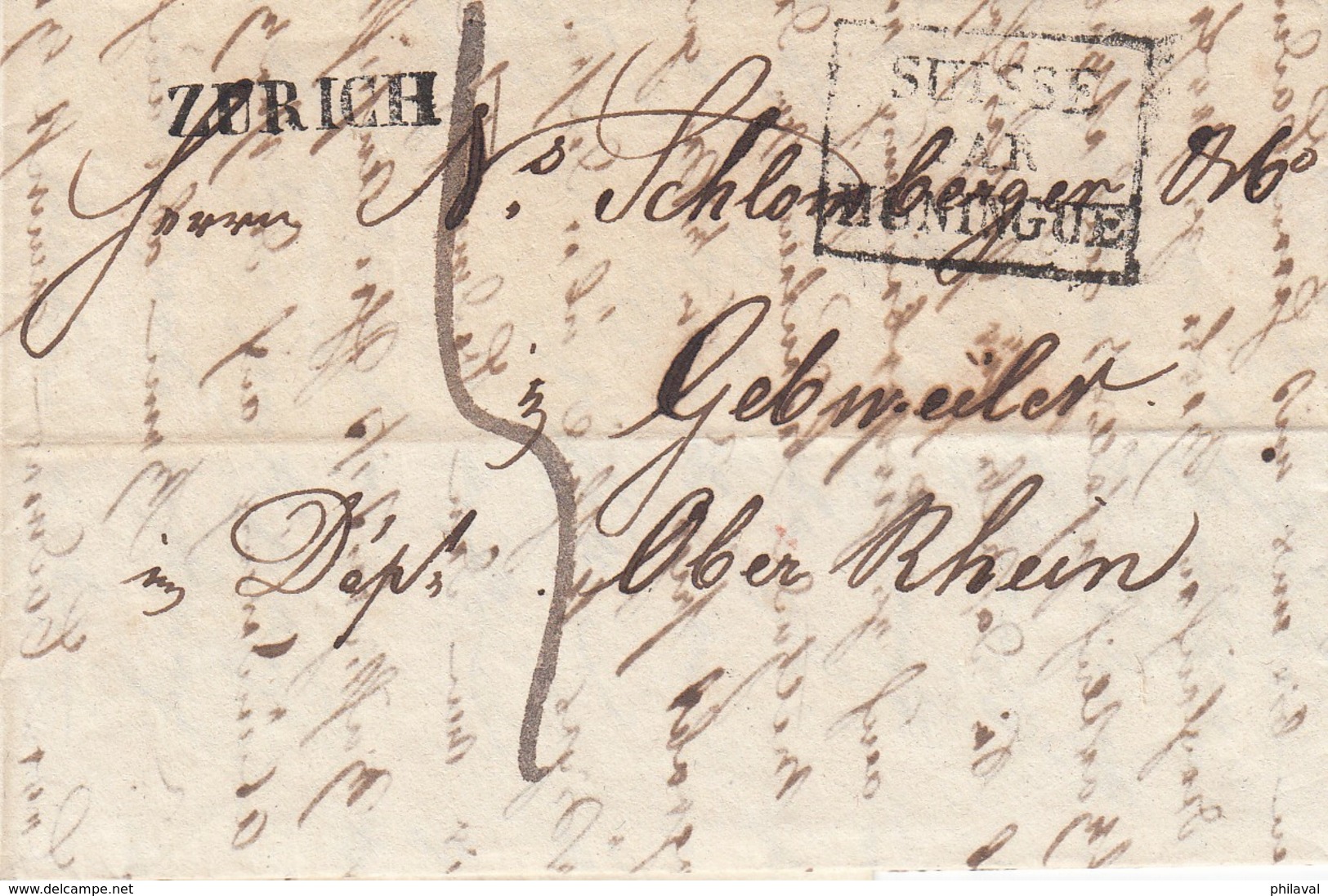 Petite Lettre 10,5 X 7 Cms. Obl. En 1825 Par Le Cachet Linéaire De Zürich, à Dest. De Gebweiler, Suisse Par Huningue - ...-1845 Prephilately
