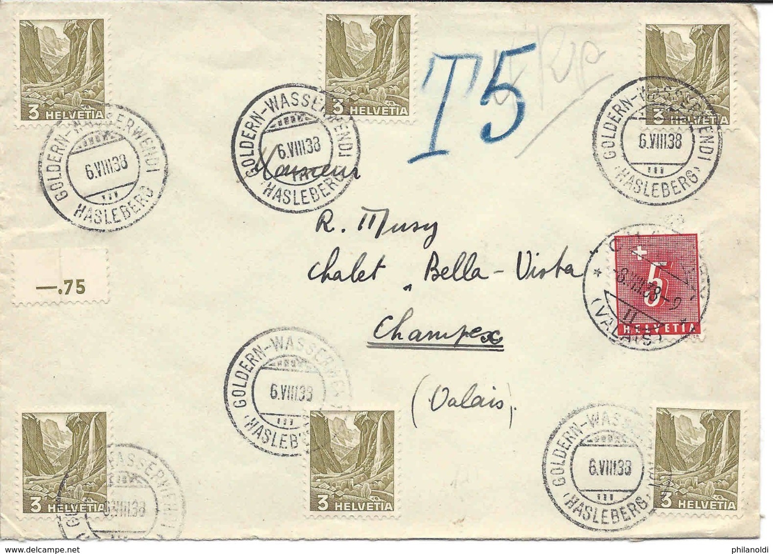 VALAIS WALLIS, 1938 Cachet CHAMPEX, Sur Timbre Taxe, Lettre Venant De GOLDERN-WASSERWENDI (HASLEBERG) BERN. - Storia Postale