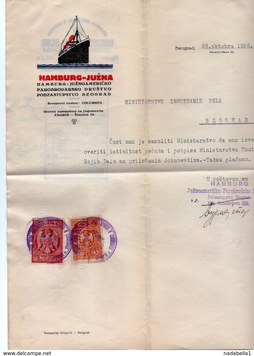 1926 YUGOSLAVIA, SERBIA, ZAGREB, BELGRADE, HAMBURG-SOUTH AMERICA, COMPANY LETTERHEAD, 2 FISKAL STAMPS, SHIP - Other & Unclassified