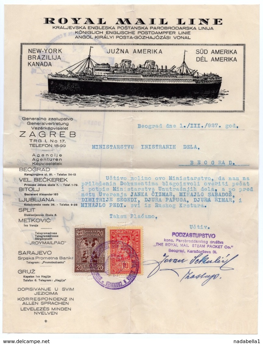 1927 YUGOSLAVIA, SERBIA, ZAGREB, BELGRADE, ROYAL MAIL LANE, COMPANY LETTERHEAD, 2 FISKAL STAMPS, SHIP - Other & Unclassified