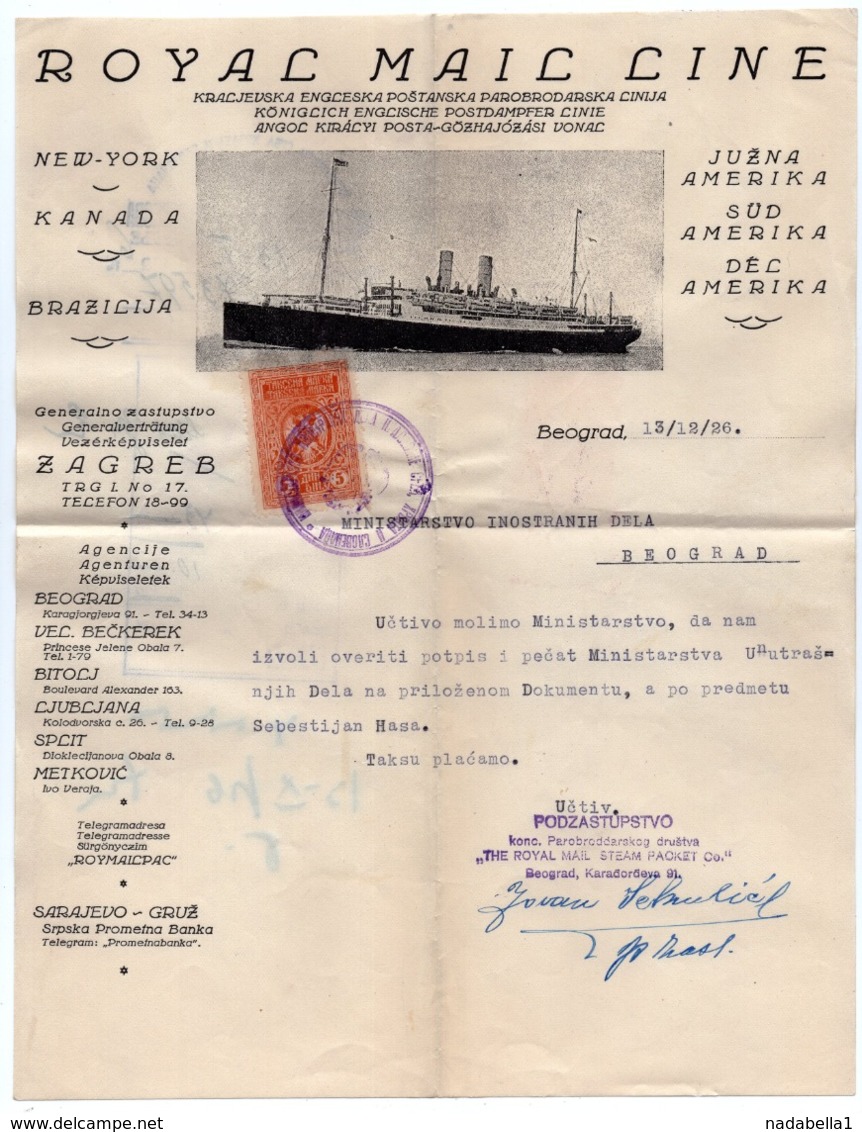 1926 YUGOSLAVIA, SERBIA, ZAGREB, BELGRADE, ROYAL MAIL LANE, COMPANY LETTERHEAD, 1 FISKAL STAMPS, SHIP - Other & Unclassified