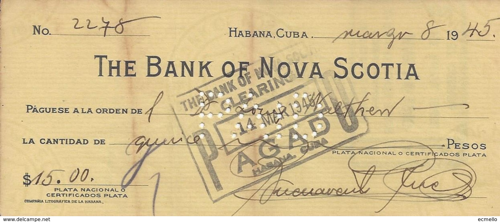 CHEQUE CHECK CUBA BANK OF NOVA SCOTIA AG. HAVANA 1945 - Cheques En Traveller's Cheques