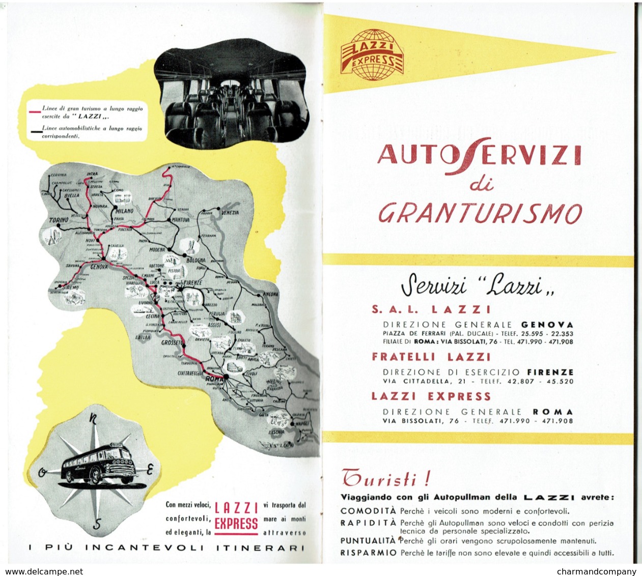 C1950 - LAZZI Express - 60 Pages - Autocar - Italie Roma-Firenze-Genova-Milano - Pub Michelin - 7 Scans - Tourism Brochures