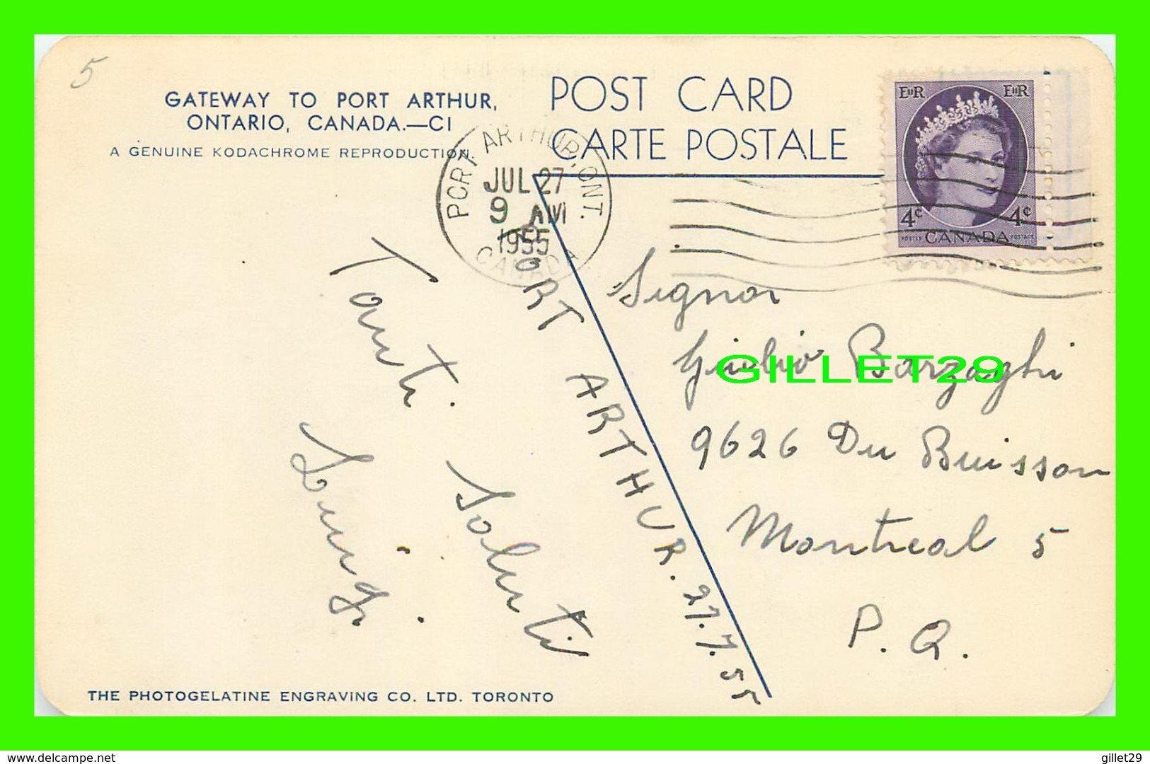 PORT ARTHUR, ONTARIO - GATEWAY TO PORT ARTHUR - TRAVEL IN 1955 - PHOTOGELATINE ENGRAVING CO LTD - - Port Arthur