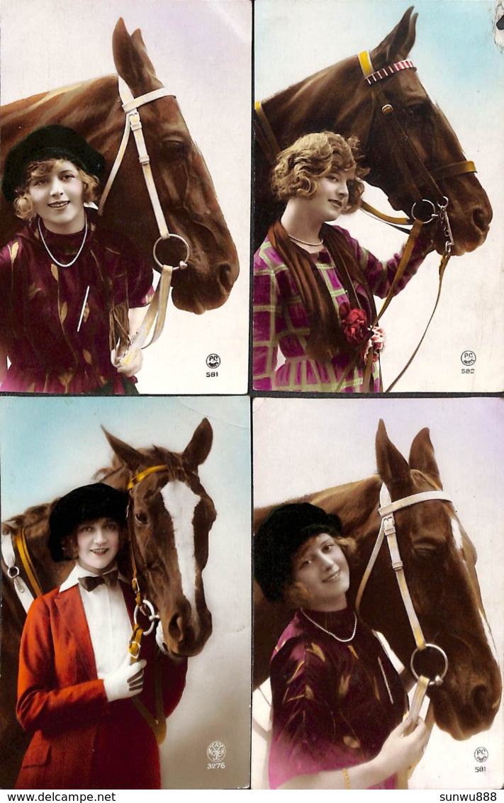 4 Cartes Femme Woman Vrouw & Cheval Paard Horse (+sténo) - Donne