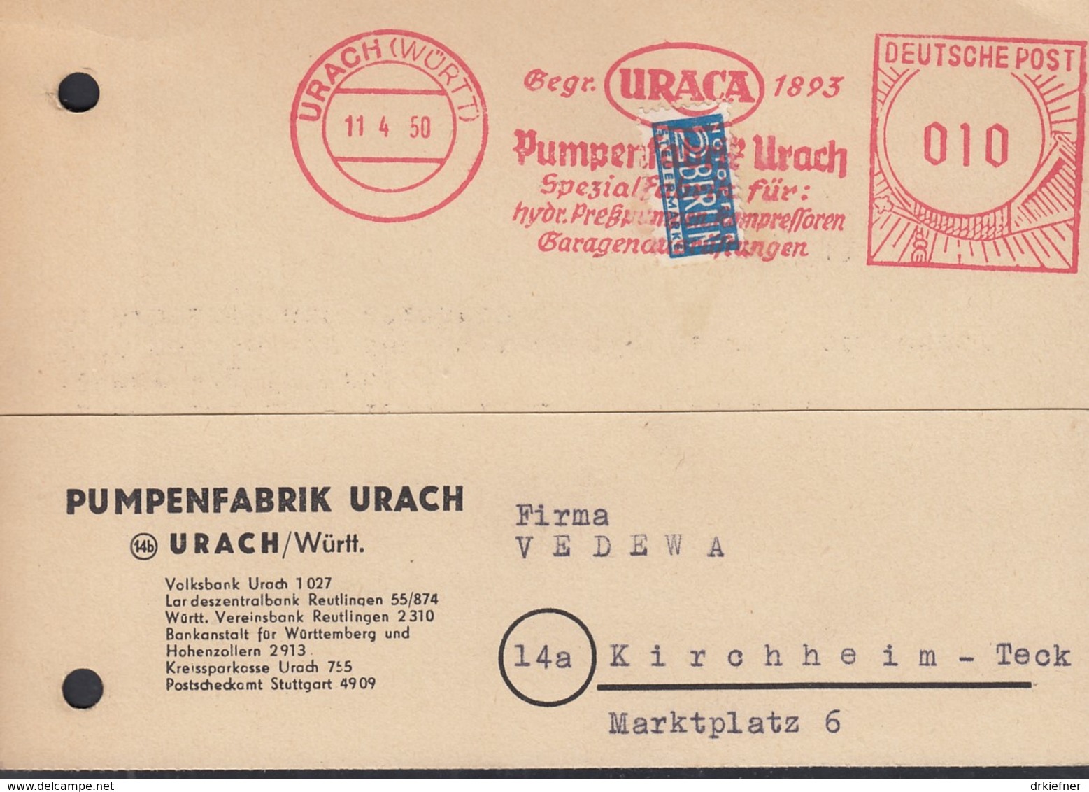 BRD Freistempel Deutsche Post 010 (Pf) Auf PK Der Pumpenfabrik, Gestempelt: Urach 11.4.1950 - Macchine Per Obliterare (EMA)