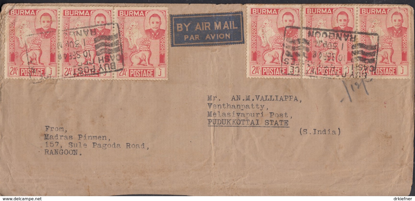 BURMA 6x 88 MeF Auf Luftpostbrief Nach Indien, Mit Stempel: Rangoon 10.SEP 1948 - Myanmar (Burma 1948-...)