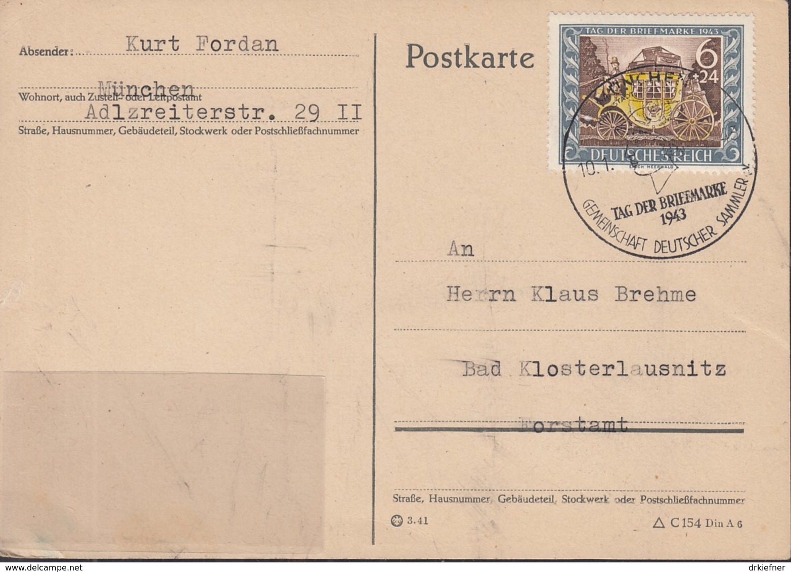 DR 828, FDC, PK, Echt Gelaufen, Sonderstempel: München Tag Der Briefmarke 10.1.1943 - Briefe U. Dokumente