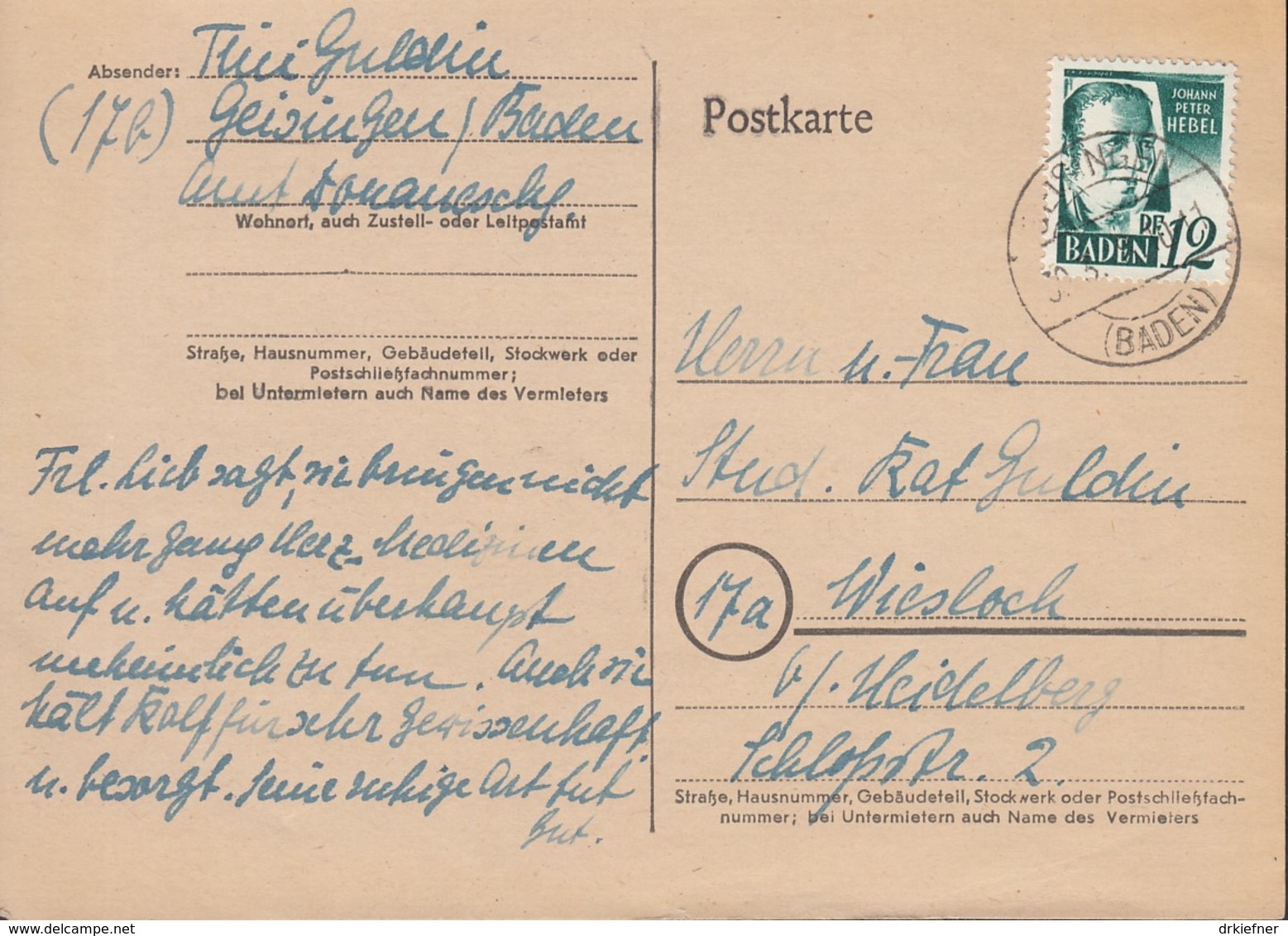 FranzZone BADEN 4 EF, Auf Postkarte Mit Stempel: Geisingen 30.3.1948 - Otros & Sin Clasificación