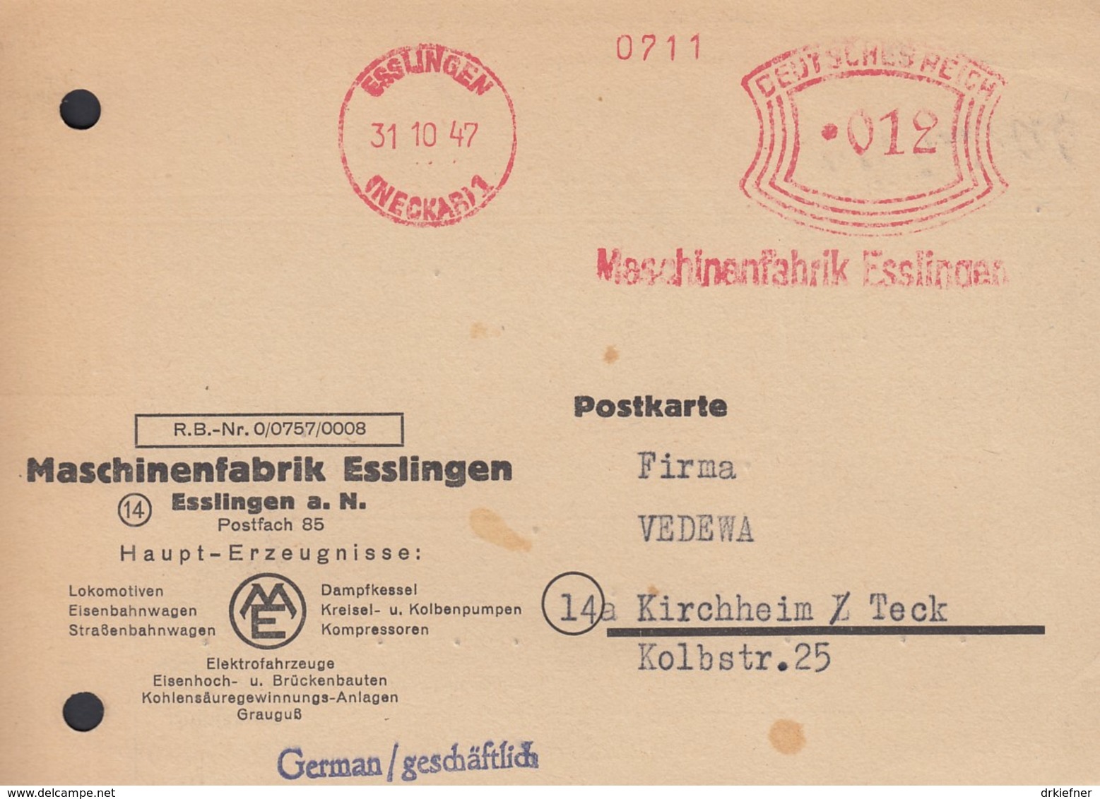 Freistempel Deutsches Reich 012 (Pf) Auf PK Der Maschinenfabrik, Gestempelt: Esslingen 31.10.1947 - Other & Unclassified