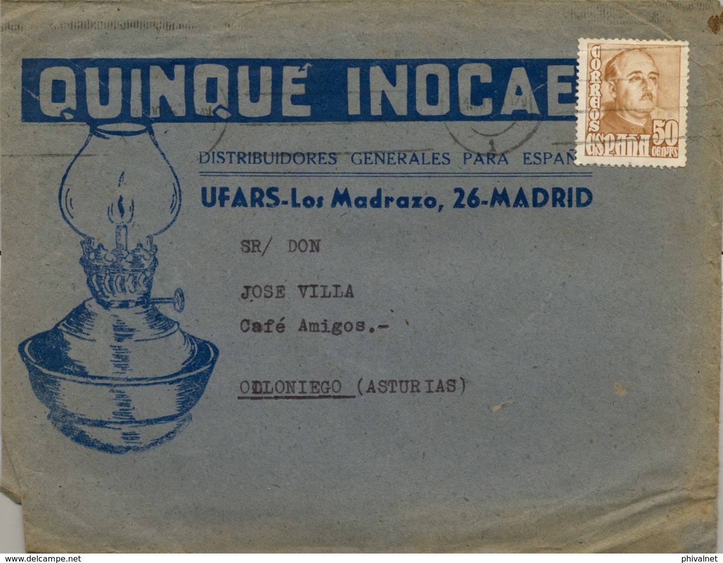 SOBRE COMERCIAL ILUSTRADO , MADRID - ASTURIAS , " QUINQUÉ INOCAE " - Cartas & Documentos