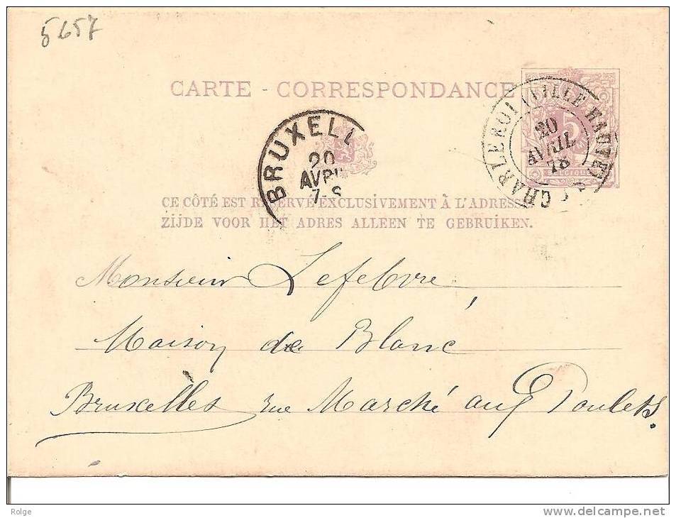 Br-5257    PW  1878   DC     CHARLEROI VILLE HAUTE      Naar    BRUXELLES - 1869-1888 Lion Couché (Liegender Löwe)