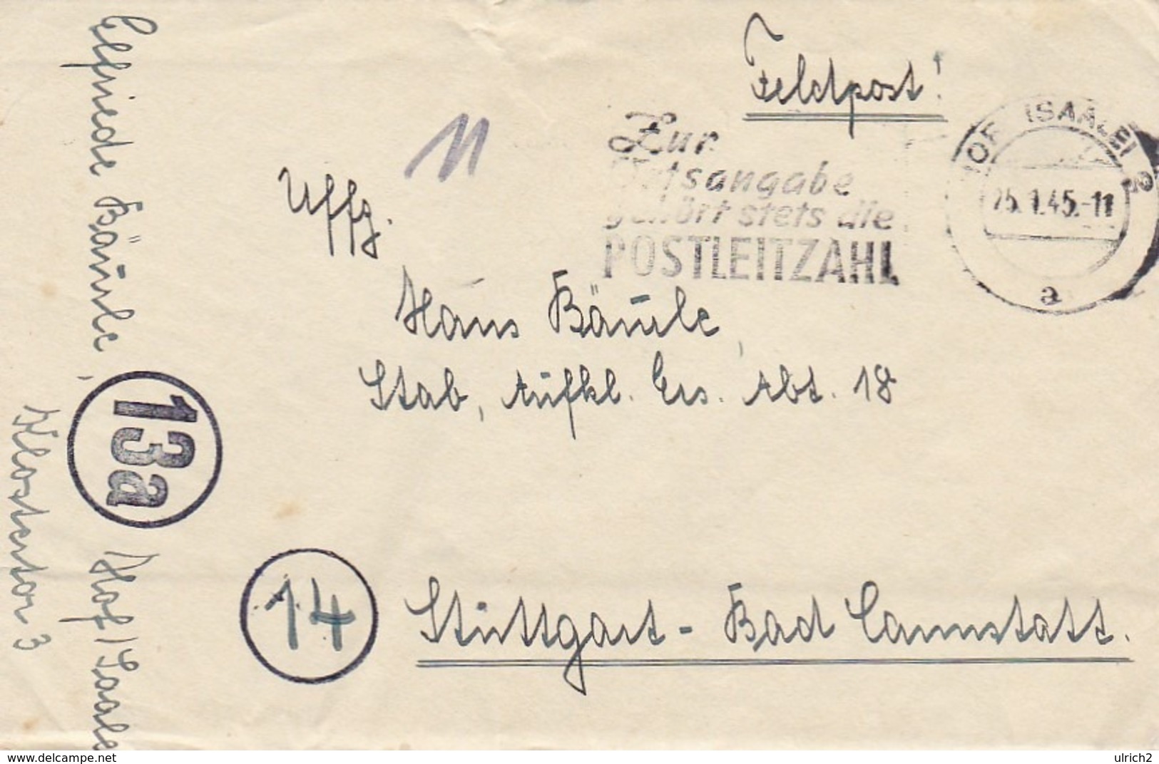 Feldpost Hof (Saale) Nach Stuttgart Aufkl. Ers. Abt. 18 - Werbestempel Postleitzahl - 1945 - Mit Inhalt (44464) - Storia Postale