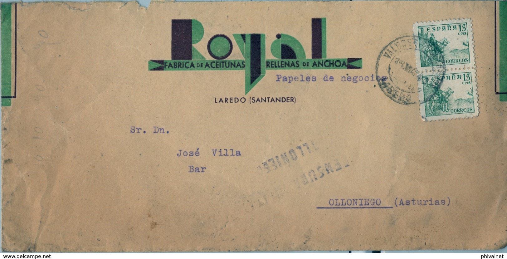 1940 , LAREDO ( CANTABRIA ) - OLLONIEGO ( ASTURIAS ) , MAT. VALORES DECLARADOS / LAREDO , RARA MARCA DE CENSURA MILITAR - Cartas & Documentos