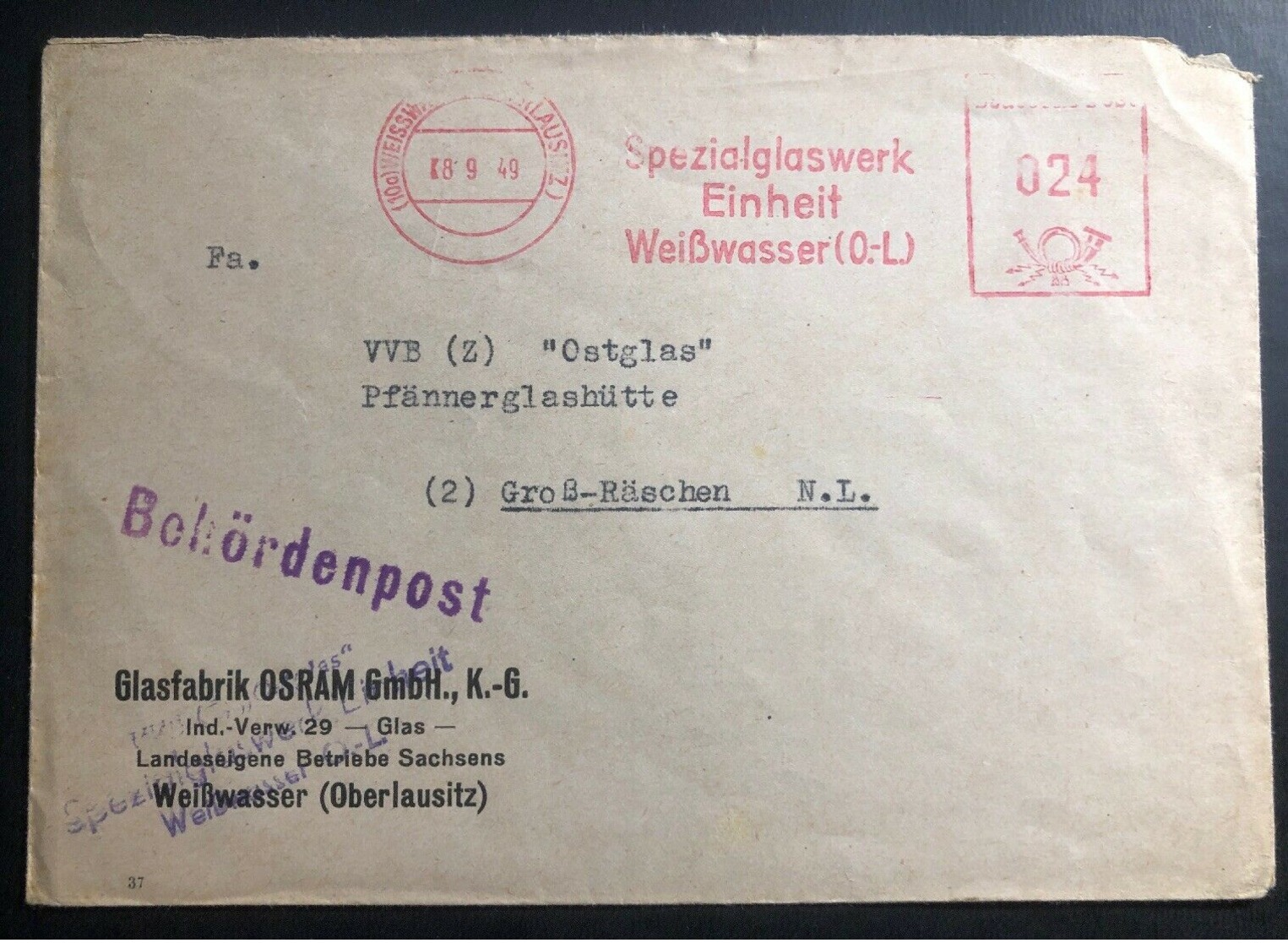 1949 WeiÃŸwasser Germany Meter Cancel Commercial Cover Glassworks Osram - Autres & Non Classés