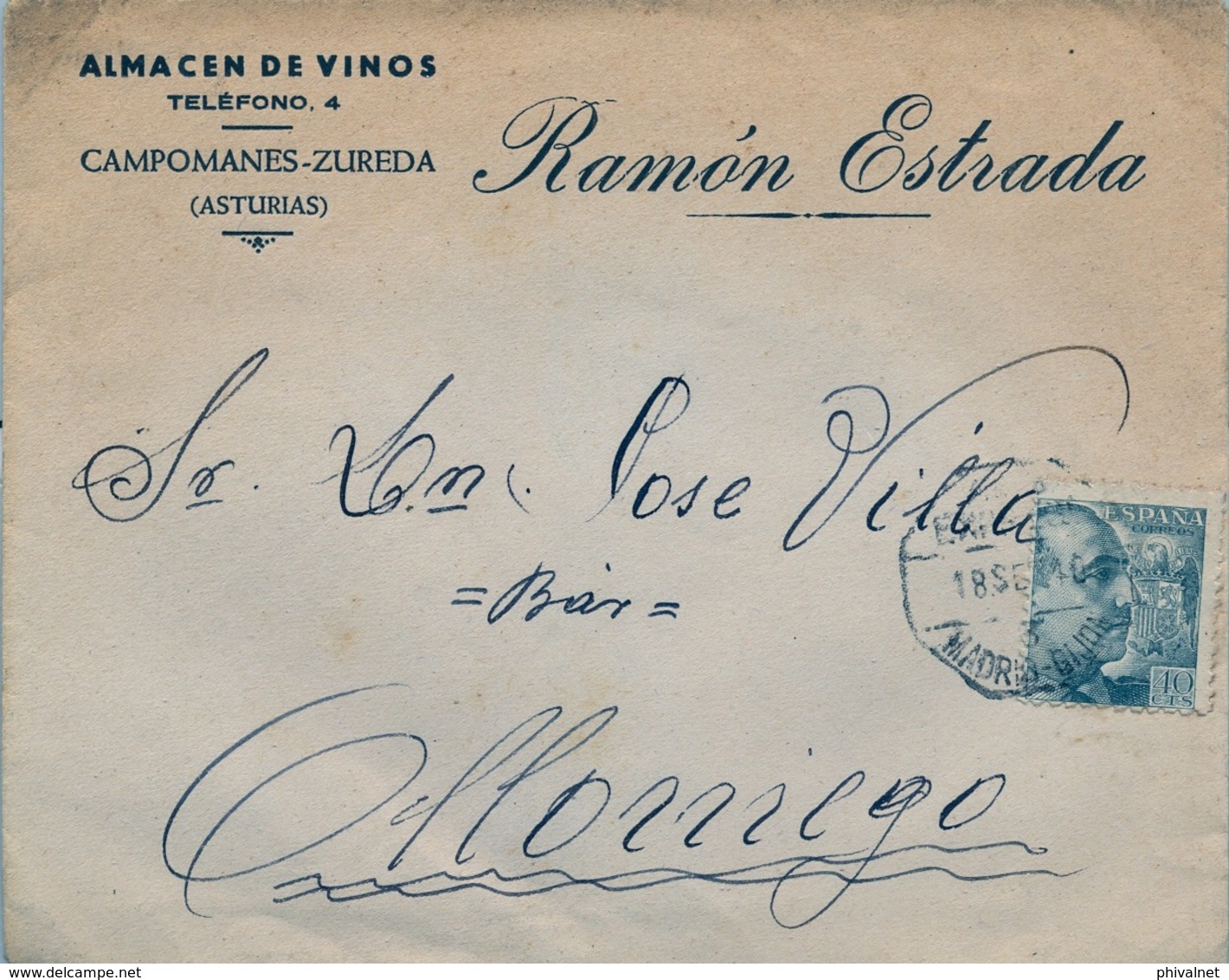 1940 , ASTURIAS , CAMPOMANES - OLLONIEGO , SOBRE CIRCULADO , MAT. AMBULANTE EXPRESO MADRID - GIJÓN - Cartas & Documentos