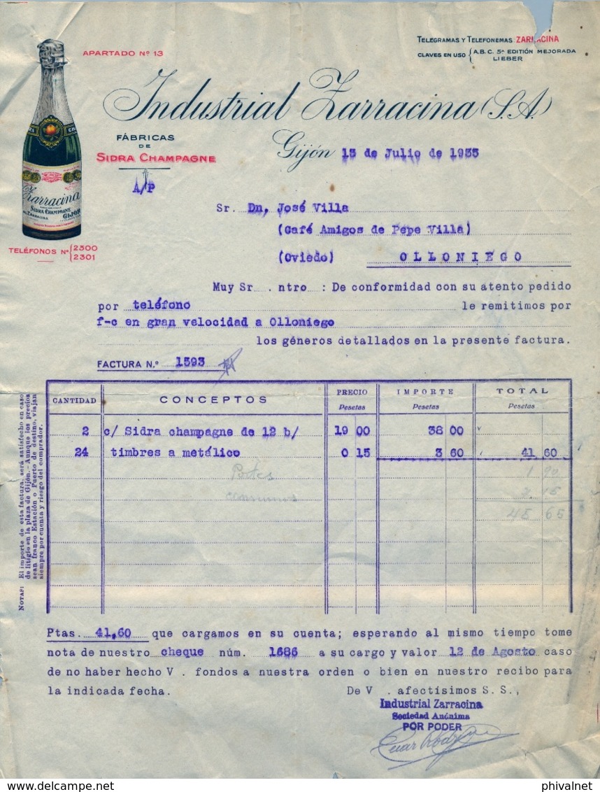 1935 , ASTURIAS , INDUSTRIAL ZARRACINA , SIDRA , CIDER , CIDRE , CHEQUE Y FACTURA ILUSTRADOS - España