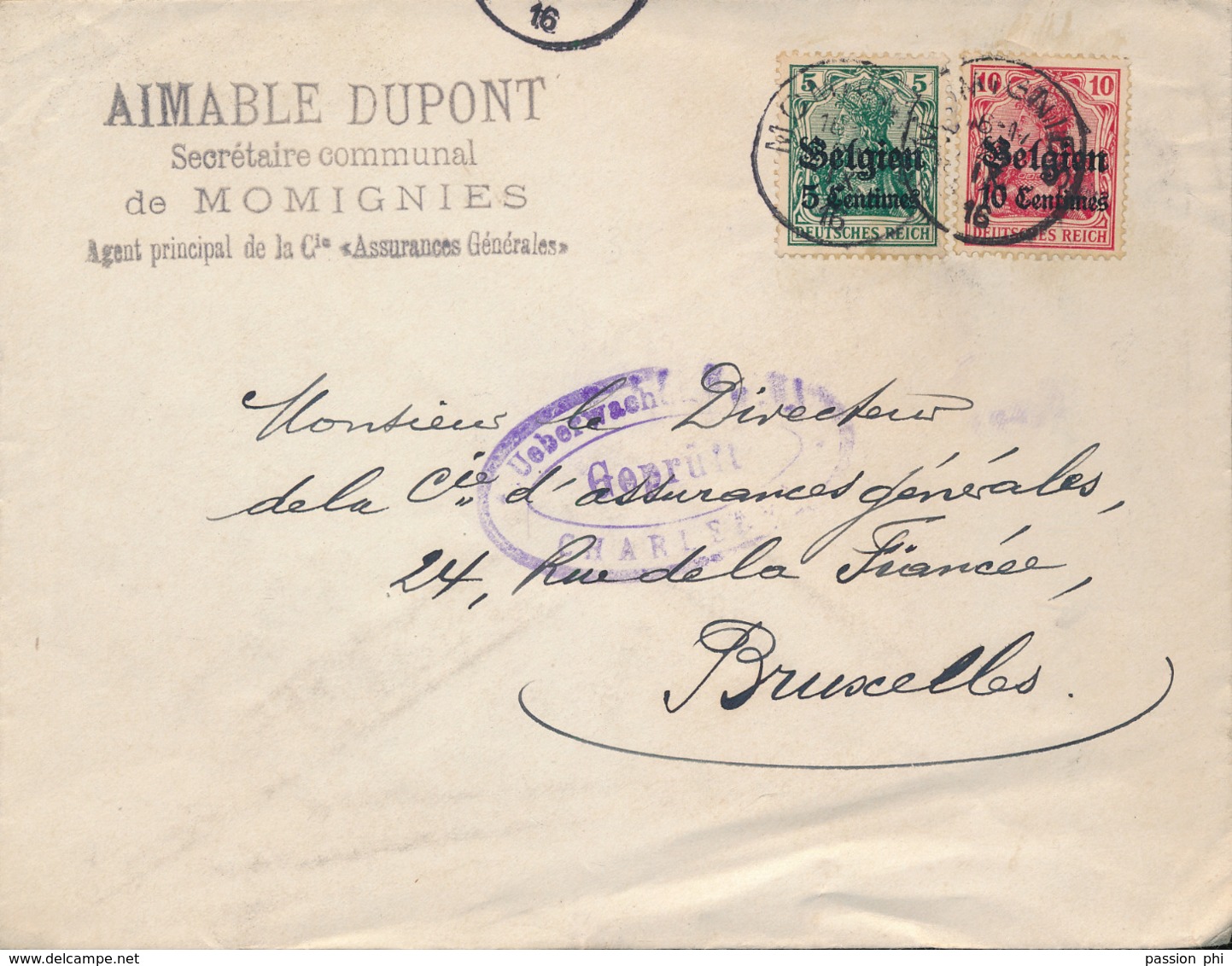 BELGIUM  WW1 COVER FROM MOMIGNIES TO BRUSSELS - OC1/25 Gouvernement Général