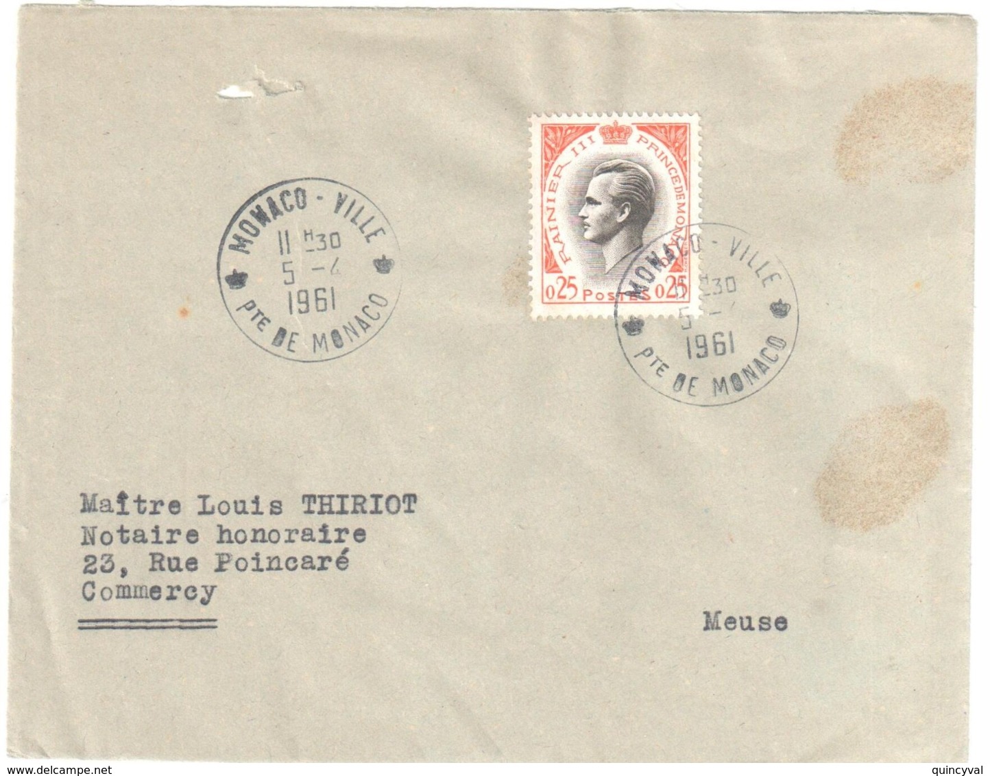 MONACO VILLE Lettre 0,25 F Rainier III Ob   5 4 1961 Dest Commercy Meuse - Covers & Documents