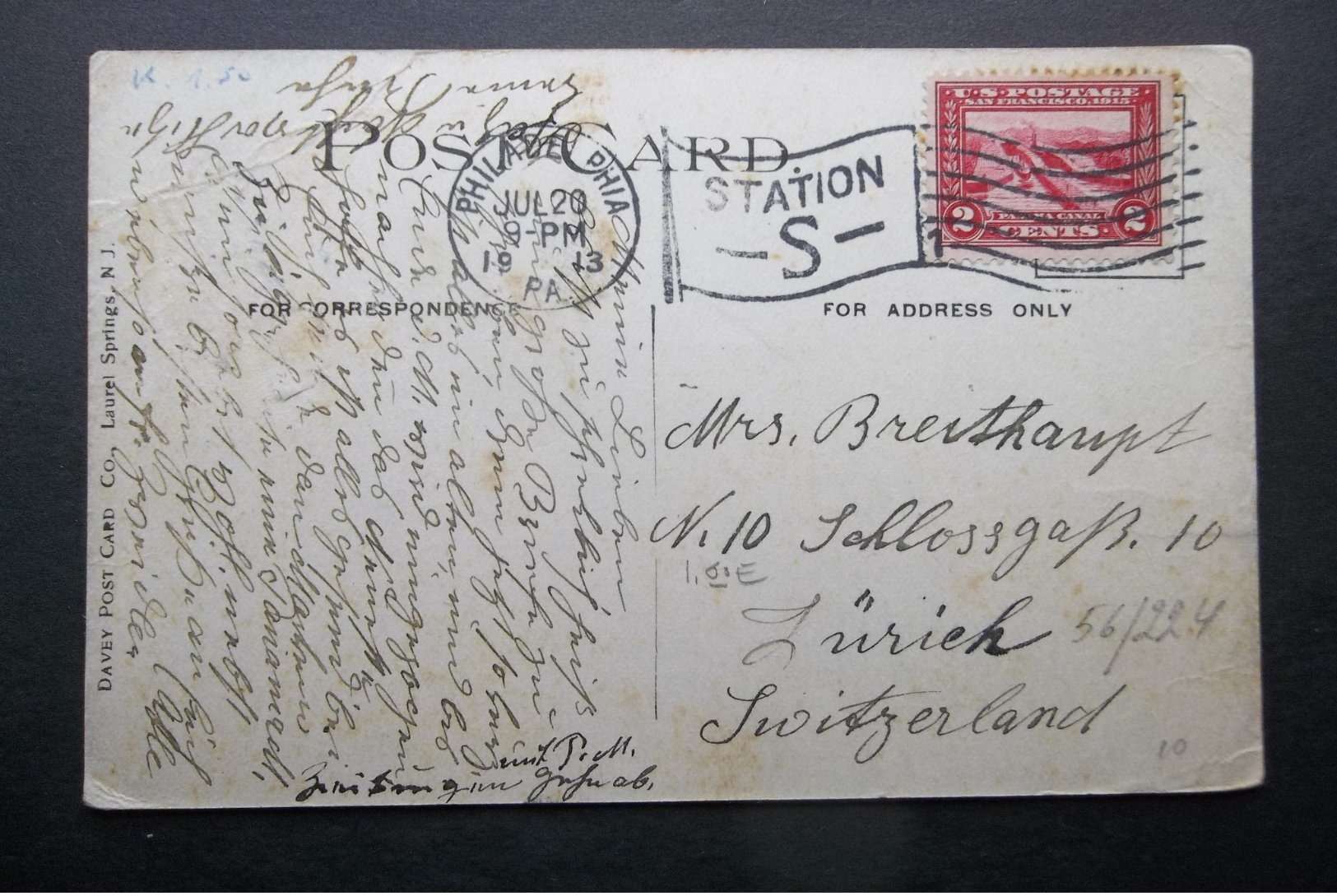 USA: 1913 PPC To Switzerland (#HU5) - Covers & Documents