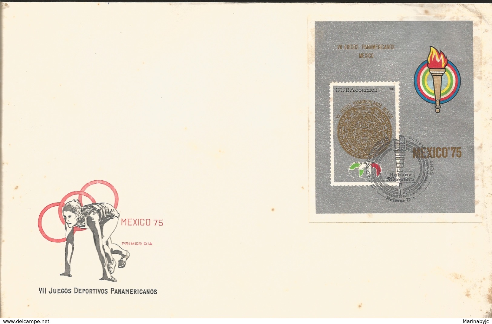 J) 1975 CARIBE, VII PANAMERICAN SPORTS GAMES, AZTECA CALENDAR, STAMP ON STAMP, FDC - Otros & Sin Clasificación