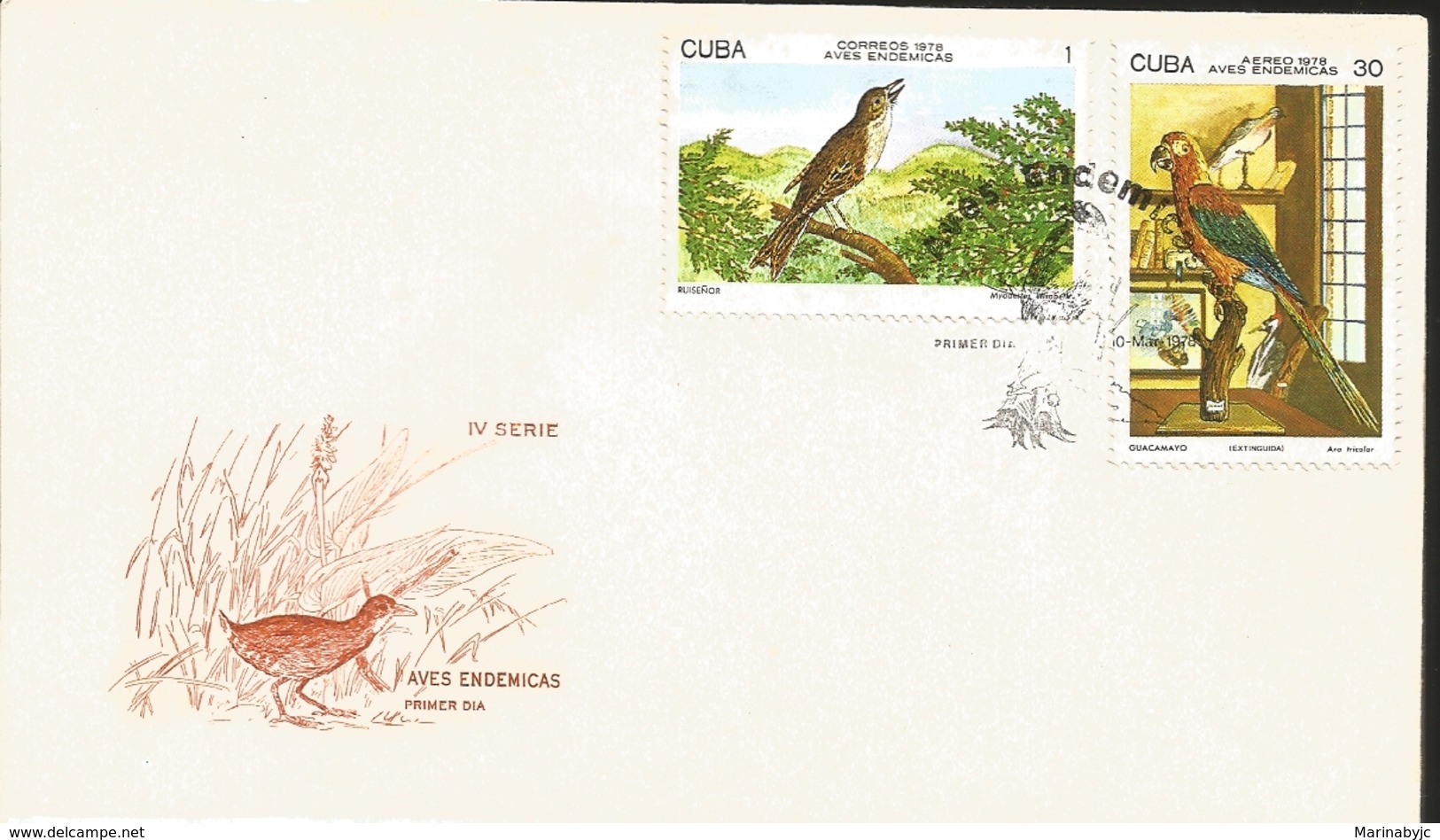 V) 1978 CARIBBEAN, ENDEMIC BIRDS, MOCKINGBIRD, MACAW, WITH SLOGAN CANCELATION IN BLACK, FDC - FDC