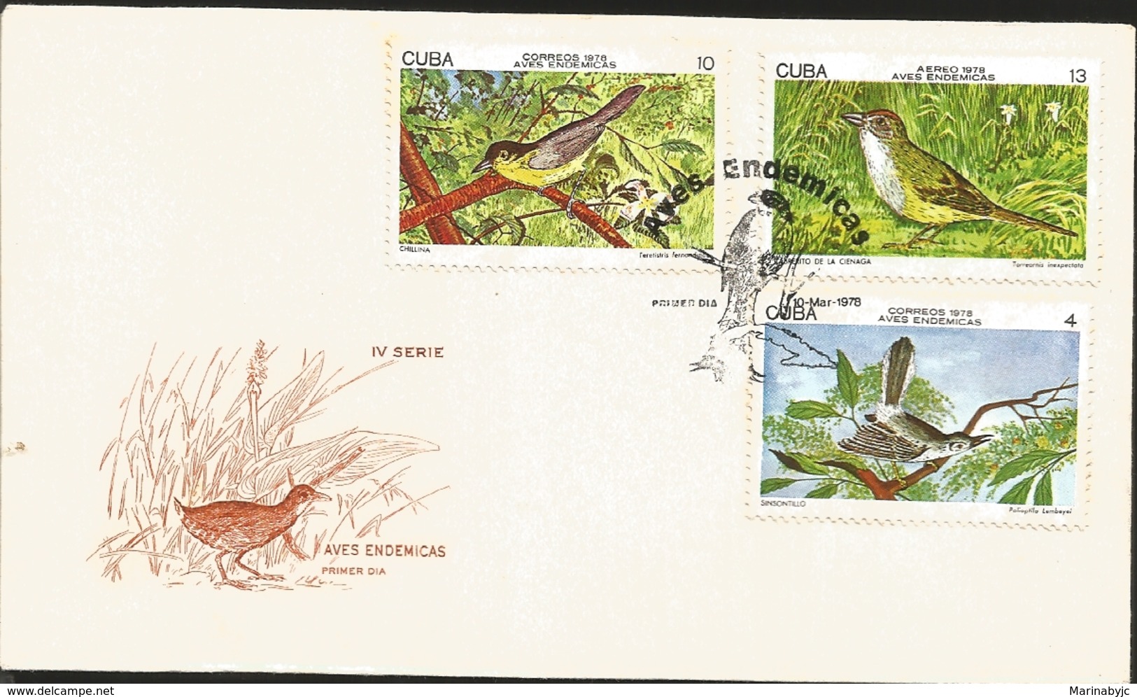 V) 1978 CARIBBEAN, ENDEMIC BIRDS, CHILLINA, CABRITO DE LA CIENAGA, SINSONTILLO,  WITH SLOGAN CANCELATION IN BLACK, FDC - FDC