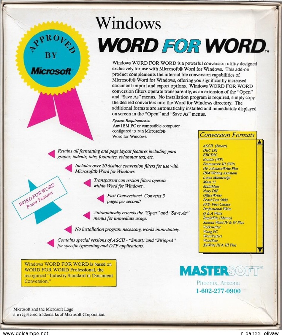 Word For Word 4.2, Pour Word Windows, En Anglais (1990, TBE+) - Other & Unclassified
