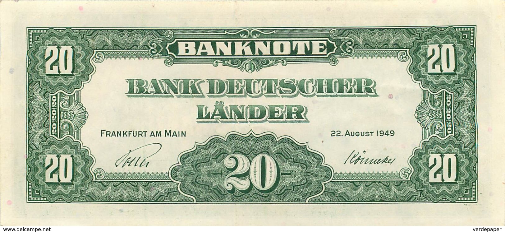 BANK DEUTSCHER LÄNDER , 20 Deutsche Mark , Zwanzig , Serie 1949 , Frankfurt Am Main. Near Mint - 20 Deutsche Mark