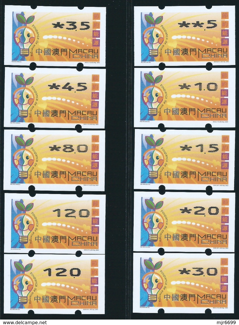 MACAU ENERGY SAVING 2002 ATM LABELS NAGLER N104 TYPE MACHINE SET OF 9 + 1VAR. - Automatenmarken