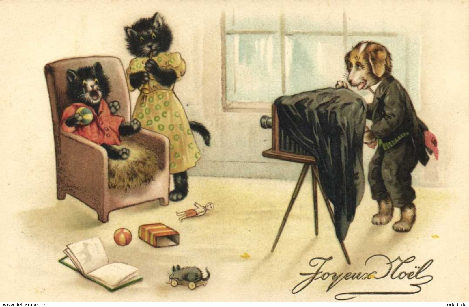 Illustrateur Animaux Habillés Humanisés Joyeux Noel Chien Prenant En Photo Des Chats Souris Mecanique RV - Animaux Habillés