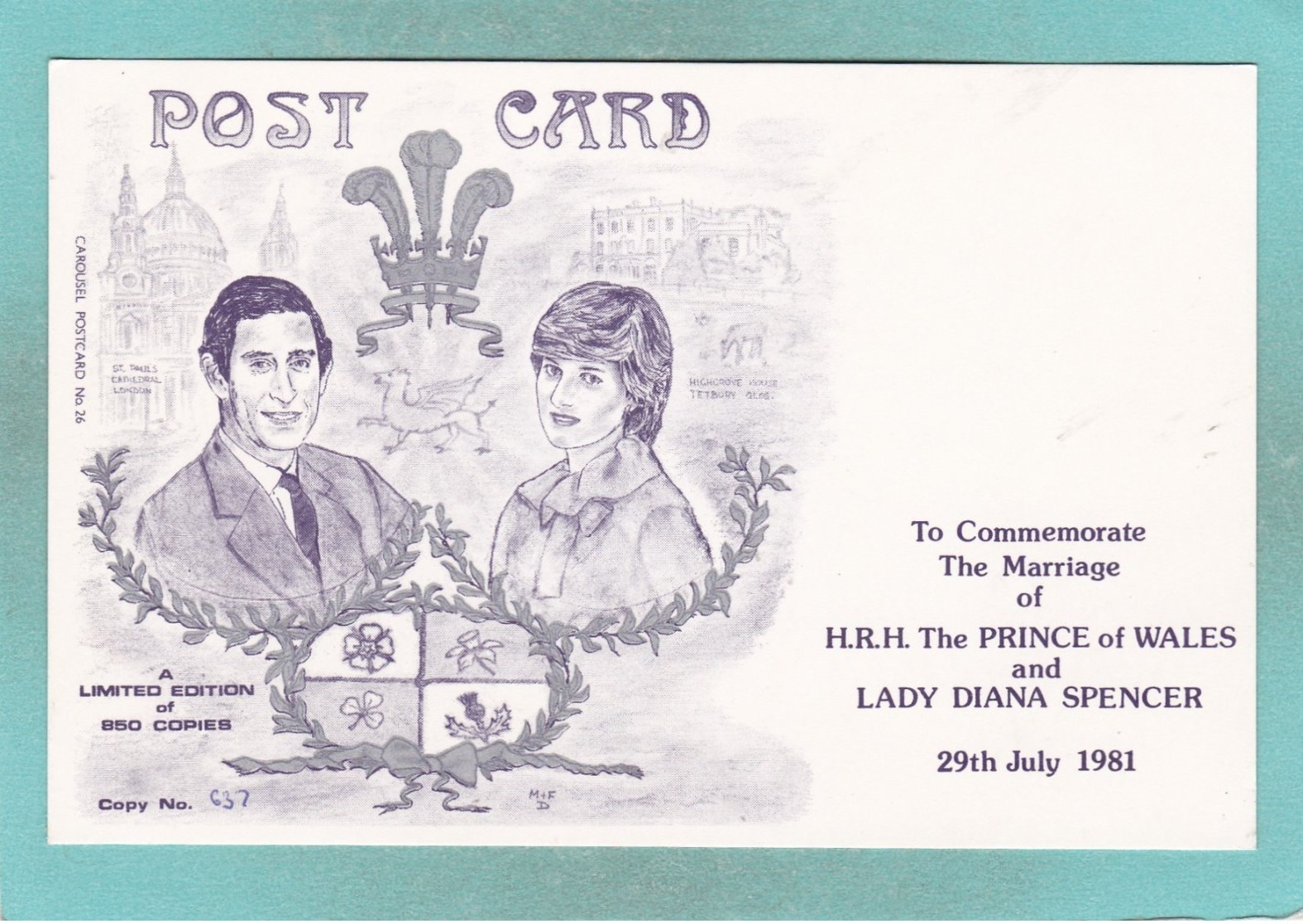 Small Post Card Of The Marriage Of Lady Spencer(Diana),Prince Of Wales(Charles),England,N79. - Familles Royales