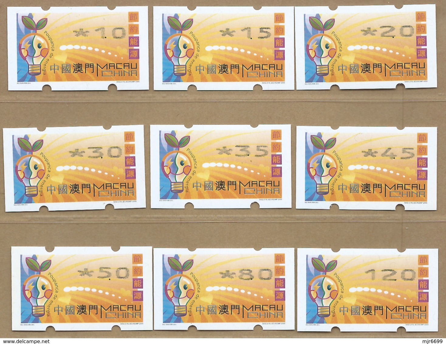 MACAU ENERGY SAVING 2006 ATM LABELS NAGLER N714 TYPE MACHINE SET OF 9, W\FIGURES SHIFTED RIGHT PRINT - Automatenmarken