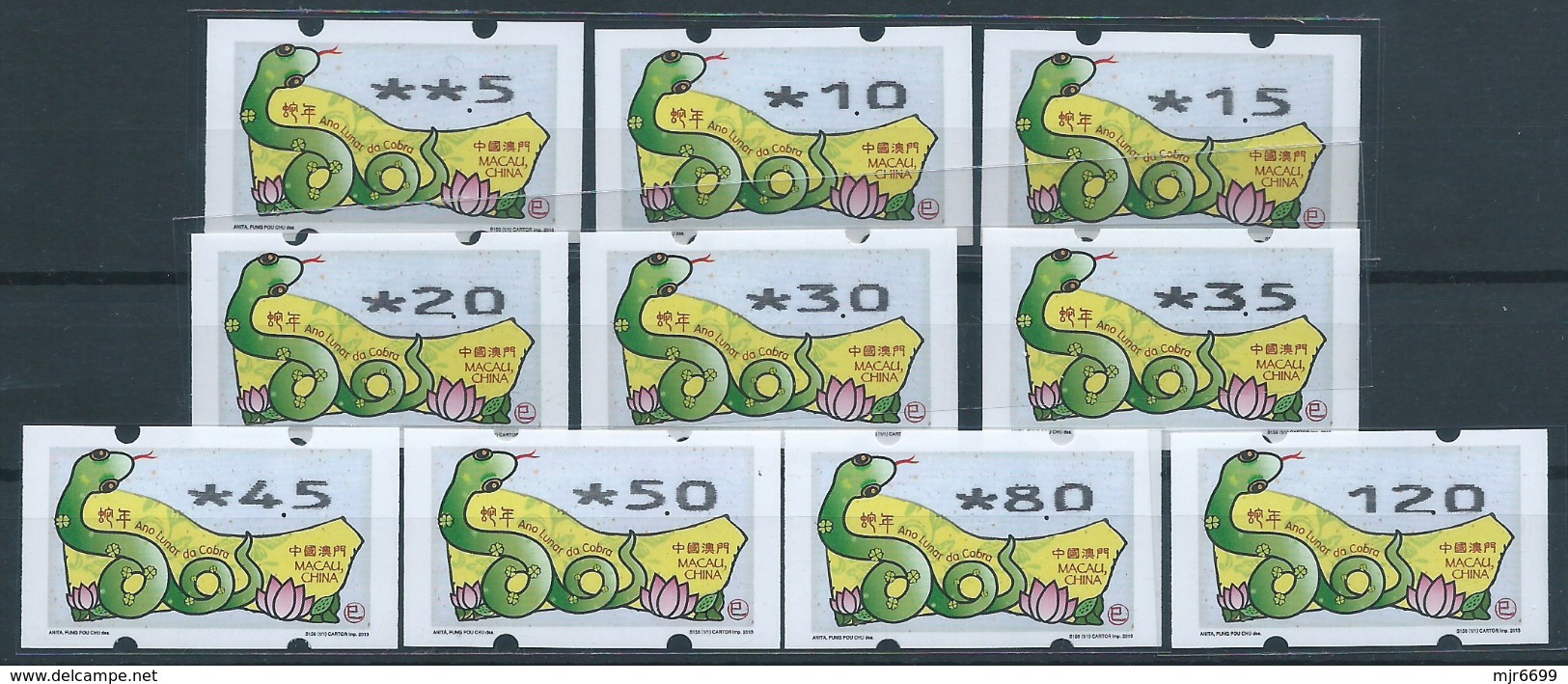 MACAU ZODIAC YEAR OF THE SNAKE ATM LABELS NAGLER TYPE MACHINE SET OF 10 - Automatenmarken