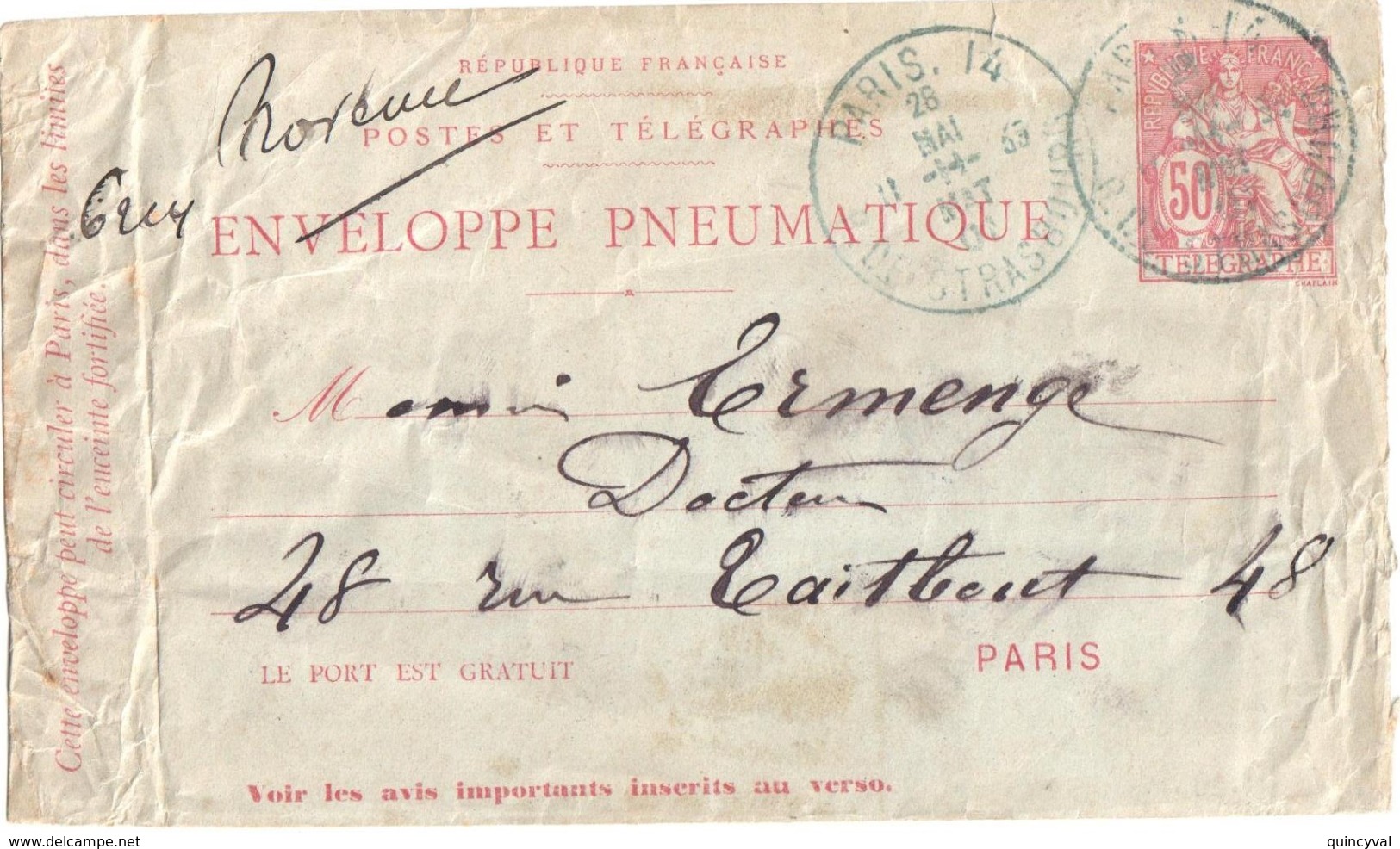 3598 PARIS 14 R. De Strasbourg Entier Pneumatique Enveloppe Chaplain 50 C Ob 28 Mai 1901 Type H Devenu Paris 114 - Pneumatische Post