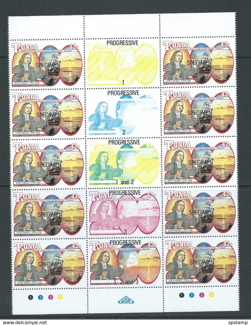 Tonga 1991 Wesley Christian Missionary Unissued Set Of 4 As Gutter Blocks Of 10 MNH Specimen Overprints - Tonga (1970-...)