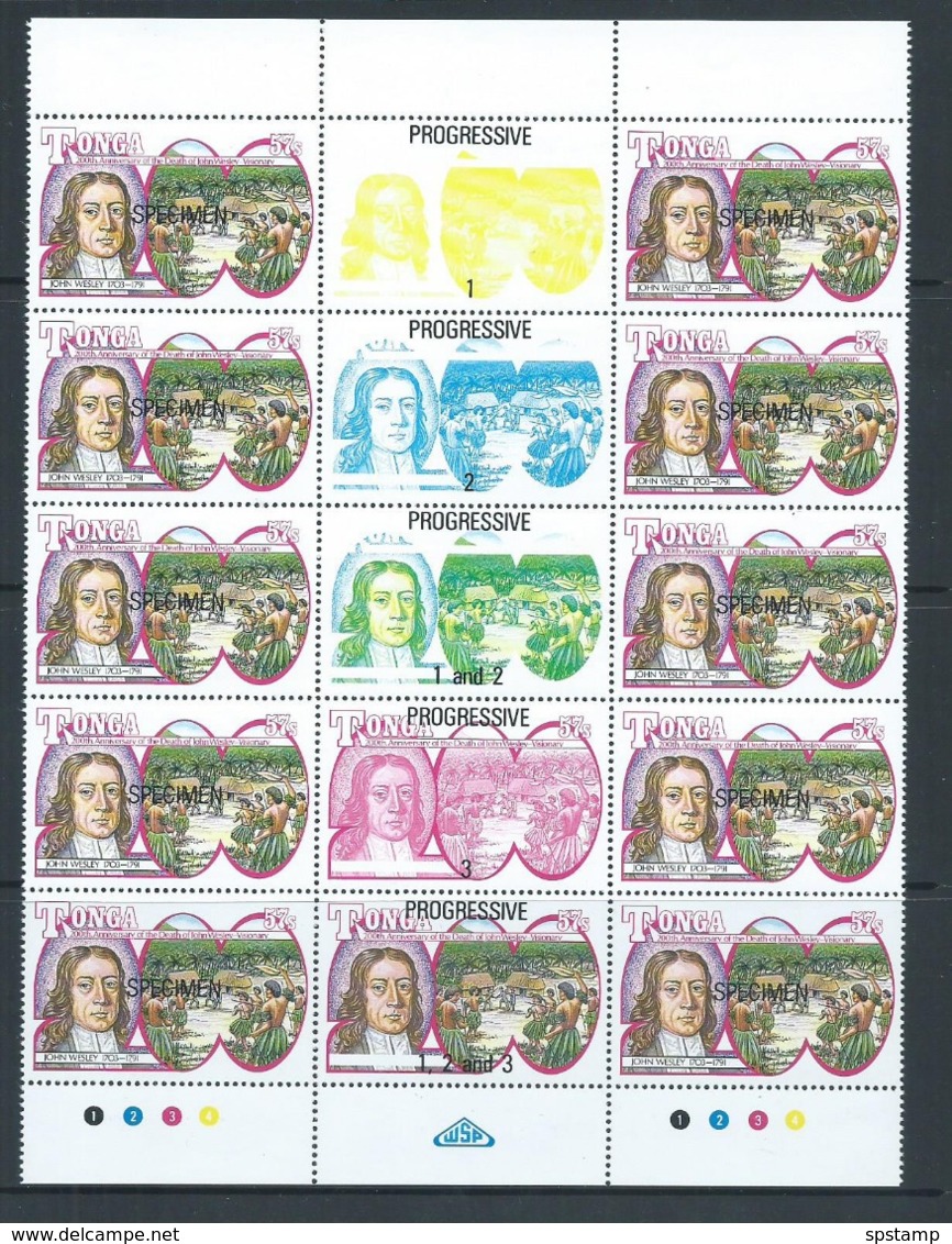 Tonga 1991 Wesley Christian Missionary Unissued Set Of 4 As Gutter Blocks Of 10 MNH Specimen Overprints - Tonga (1970-...)