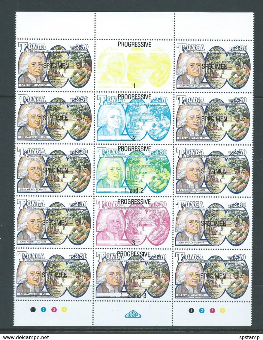 Tonga 1991 Wesley Christian Missionary Unissued Set Of 4 As Gutter Blocks Of 10 MNH Specimen Overprints - Tonga (1970-...)