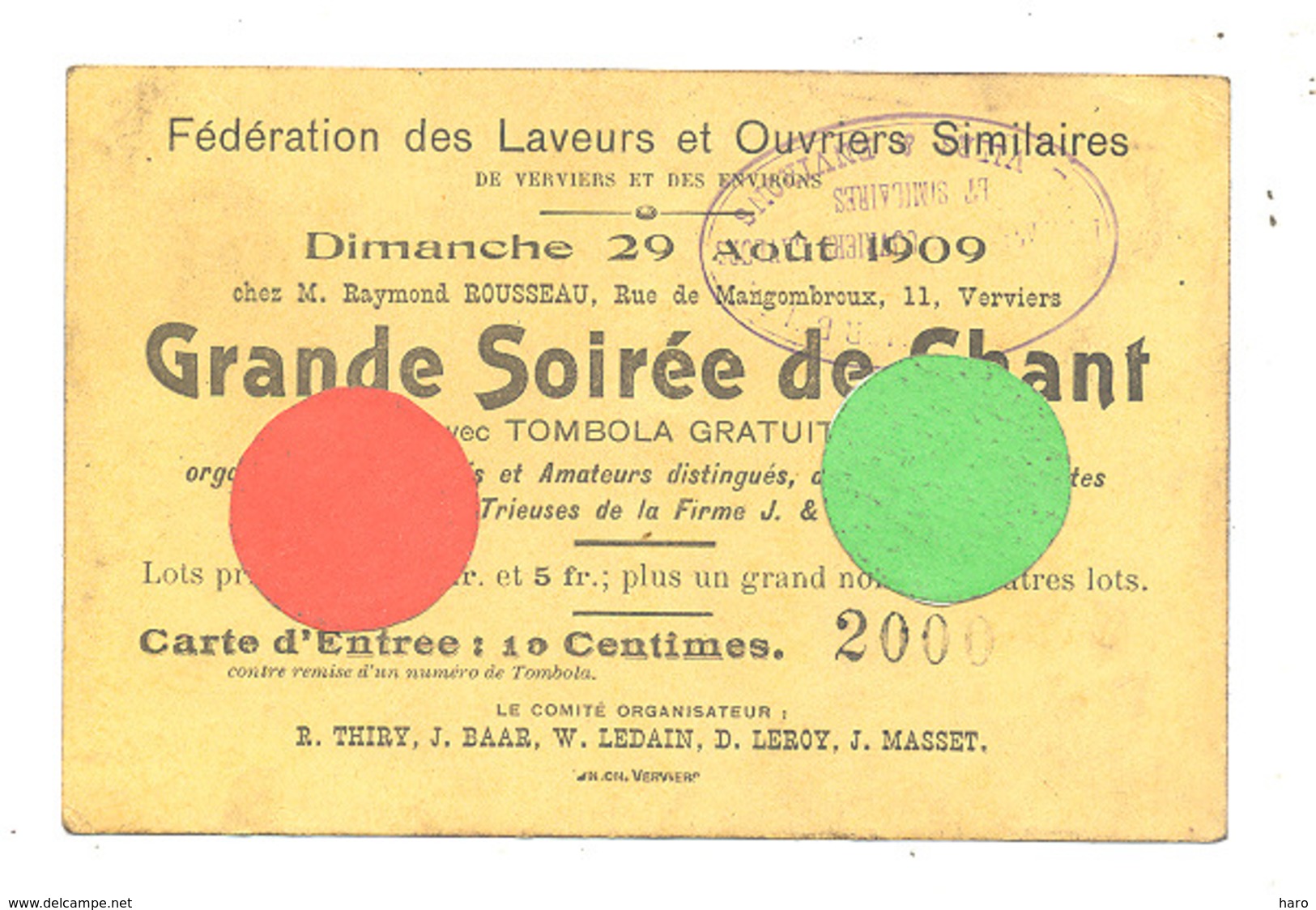 P.O.B Verviers - Féd. Des Ouvriers Laveurs - Carte D'entrée D'un Gala Au Profit Des Grévistes De J & E MELEN 1909 (B266) - Tickets D'entrée