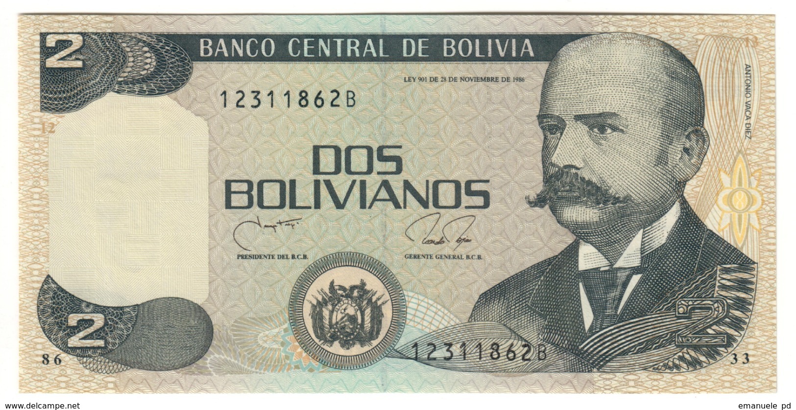 BOLIVIA	2	BOLIVIANOS	28/11/1986	P202	UNC	1990 - Series B - 202B		.CV. - Bolivien