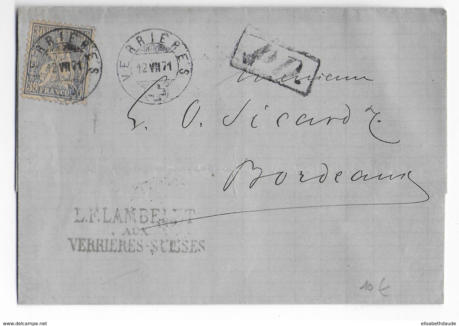 SUISSE - 1871 - LETTRE SC De VERRIERES => BORDEAUX Avec GRIFFE "PD" - Brieven En Documenten