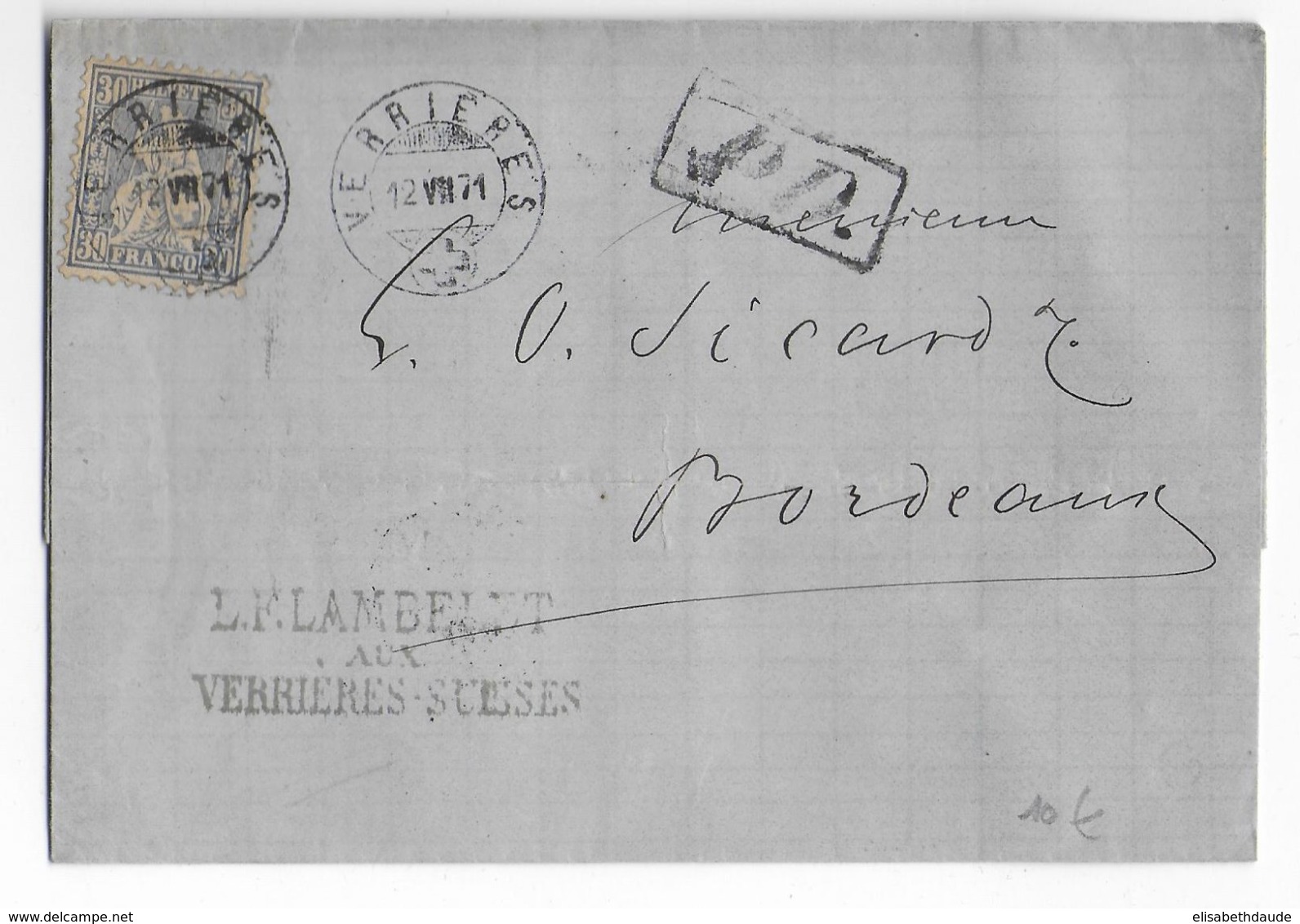 SUISSE - 1871 - LETTRE SC De VERRIERES => BORDEAUX Avec GRIFFE "PD" - Cartas & Documentos