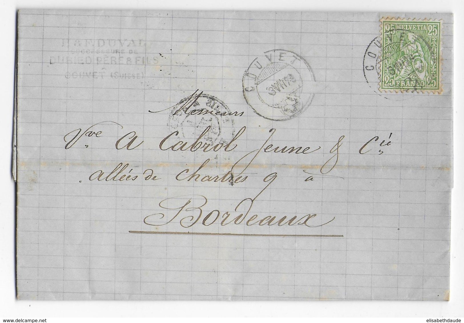 SUISSE - 1879 - LETTRE De COUVET => BORDEAUX - TARIF 25c ! - Covers & Documents