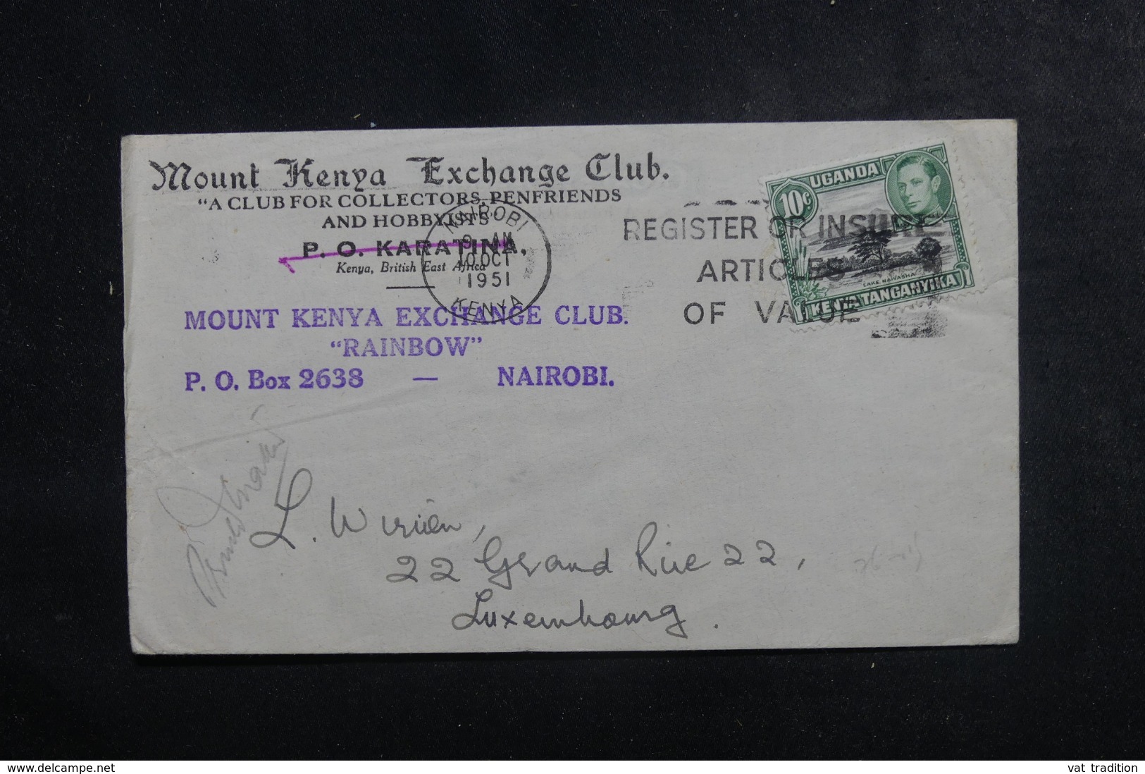 OUGANDA - Enveloppe Commerciale De Nairobi Pour Luxembourg En 1951, Affranchissement Plaisant - L 44738 - Kenya, Uganda & Tanganyika