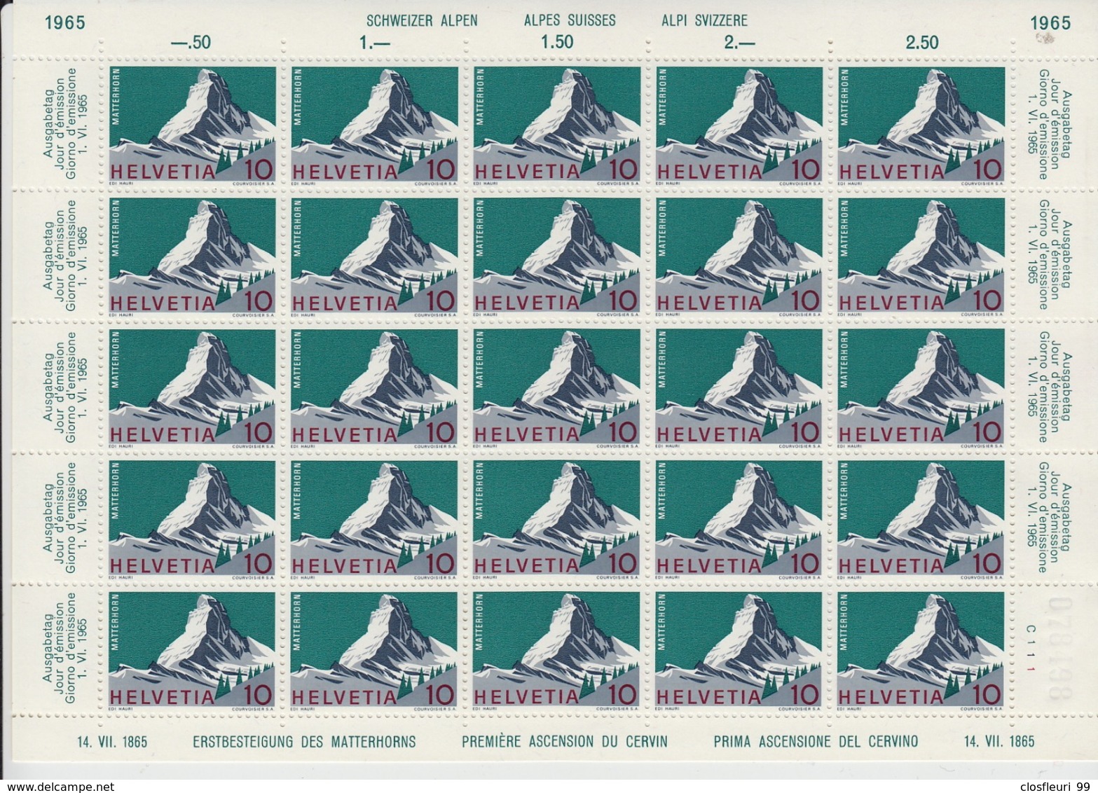 Feuille Complète Le Cervin (Matterhorn) N° 433 ** Avec Variété (Abart) 433.2.01. Gomme Intégrale - Unused Stamps